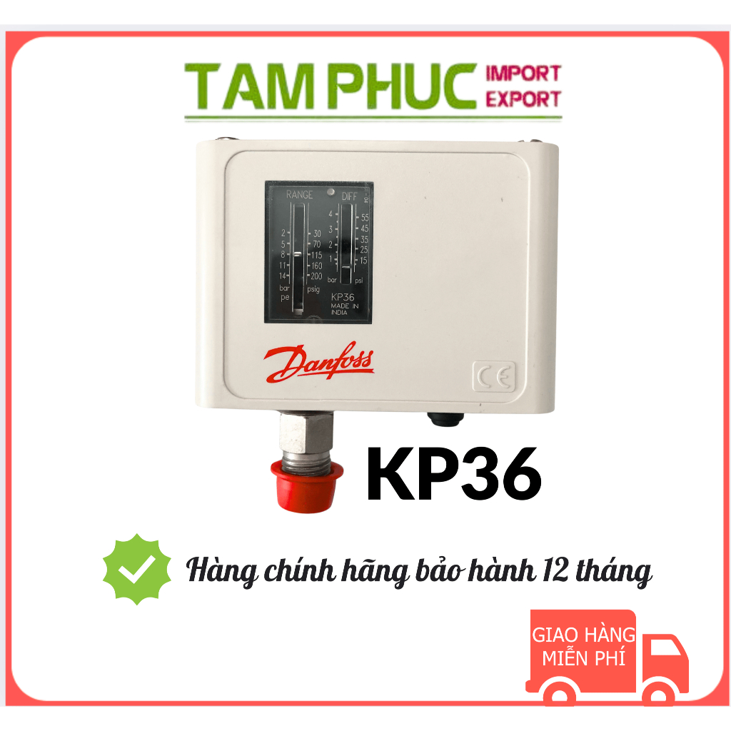 Công tắc áp suất KP36 Danfoss (Range 2-14 bar, Diff 0,7-4 bar, G1/4 = ren 13, Auto) - Mã hàng: 060-1