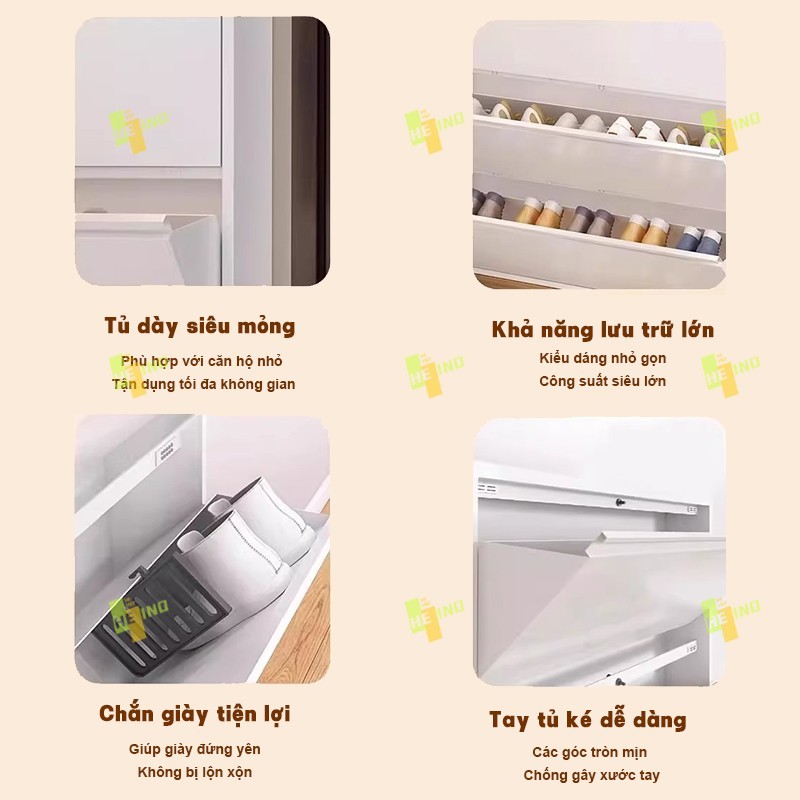 HENIO tủ giày siêu mỏng nắp gập bằng thép 2/3/4 tầng màu trắng xám tiết kiệm diện tích hành lang | BigBuy360 - bigbuy360.vn
