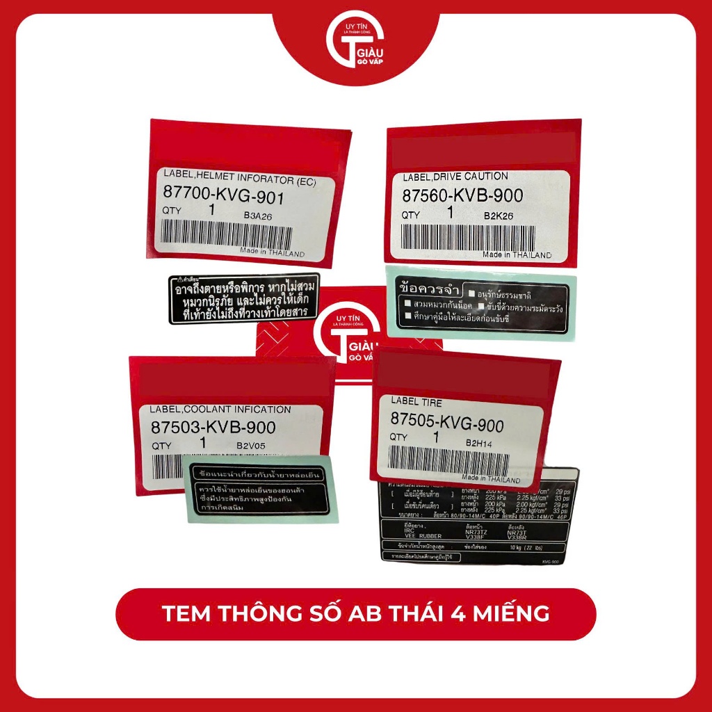 Phụ Tùng Bộ 4 Tem Thông Số - Tem 91 Bình Xăng Air Blade AB Thái 110 HD Thái Lan