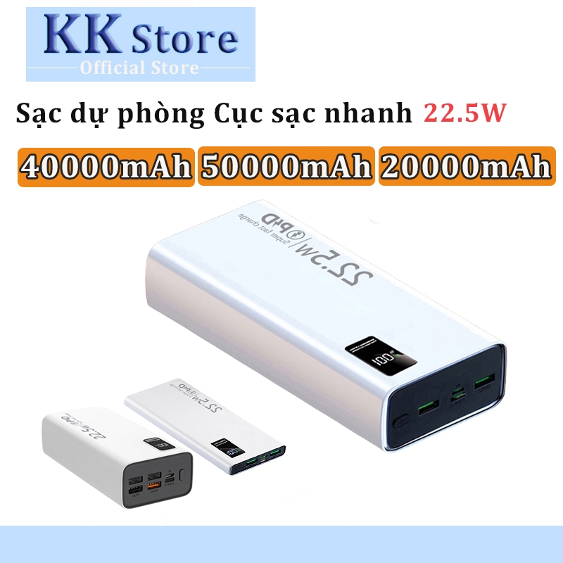 Bộ sạc 20000mAh 40000mAh 50000mAh PD 22.5W Siêu Nhanh, Màn Hình LED Hiển Thị Pin