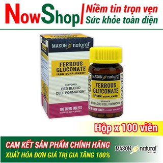 Ferrous Gluconate 27mg Mason Natural Hộp 100 viên sắt hữu cơ dễ hấp thu không gây nóng táo bón