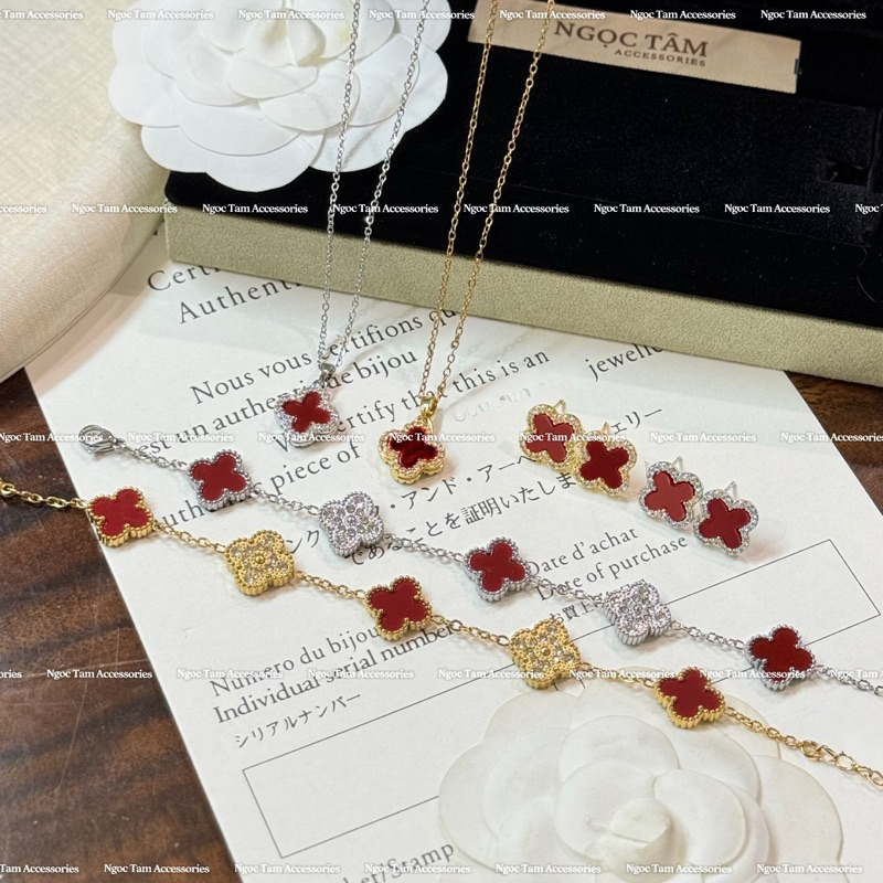 Bộ 3 món vòng cổ nữ bốn lá, Vòng tay cỏ 4 lá không han gỉ, khuyên tai màu ĐỎ ĐUN
