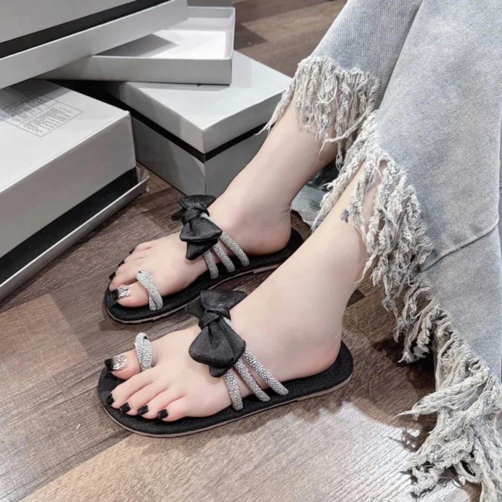 Dép nữ quai kẹp xỏ ngón đính đá thắt nơ hời trang nhiều màu - dép kiểu nữ đế xẹp