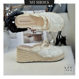  Dép Sục Nữ Quai Ren Đế Xuồng Cói Cao 6cm Thiết Kế Hoa Nổi Phối Nơ Tiểu Thư Siêu Xinh MT Shoes DN084 