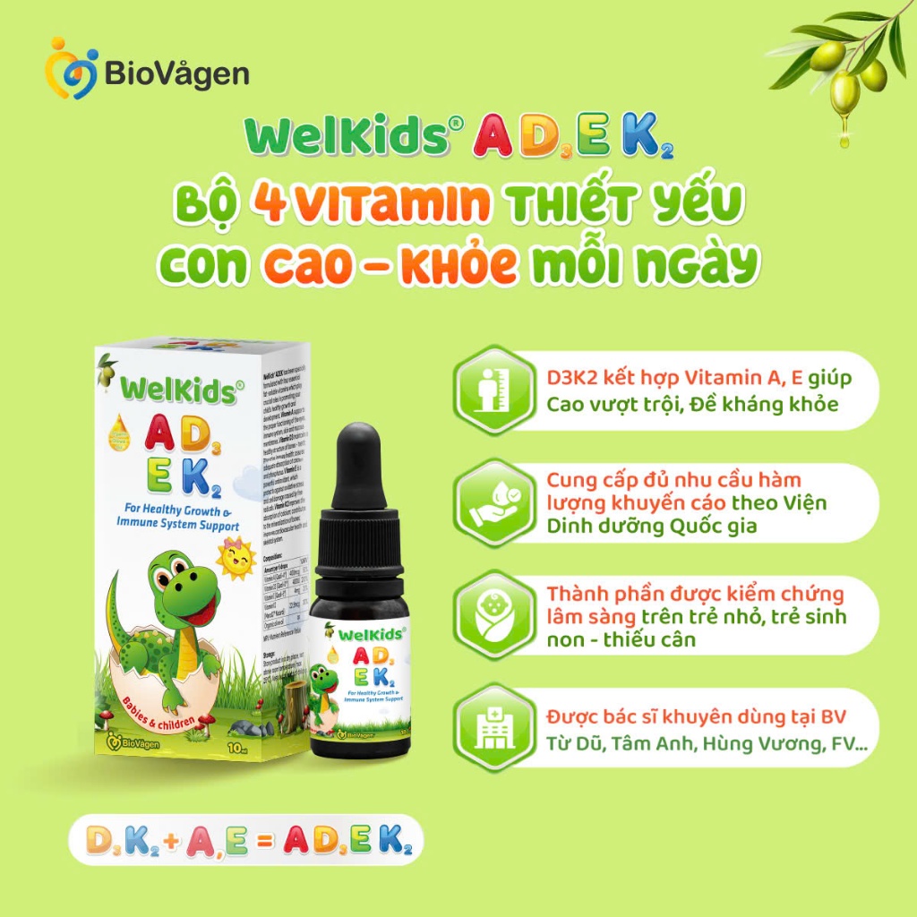 Combo 2 lọ WelKids ADEK bổ sung D3K2 kết hợp Vitamin A, E hỗ trợ nâng cao đề kháng, phát triển chiều