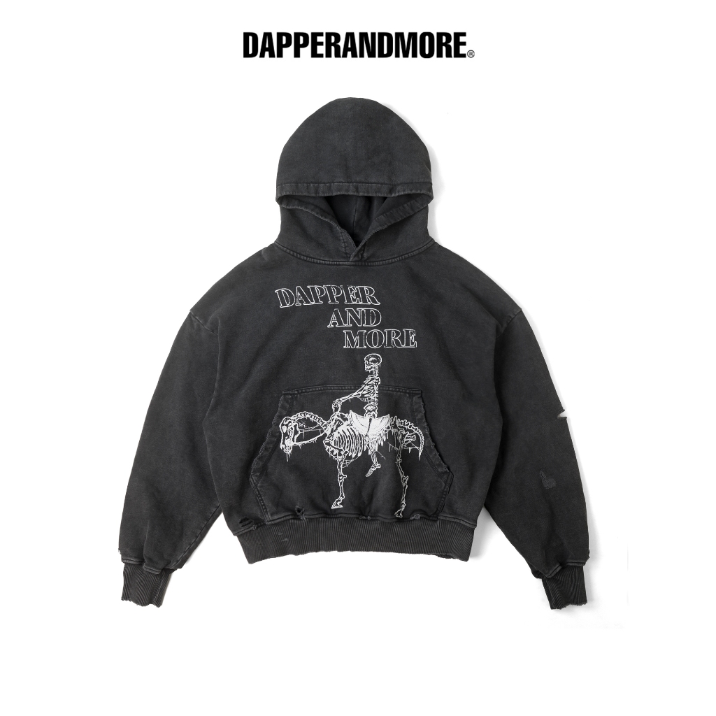 Áo Hoodie Wash DAPPERANDMORE "SKELETON HORSE BOXY WASH HOODIE" Mài Sờn 450GSM - Đen
