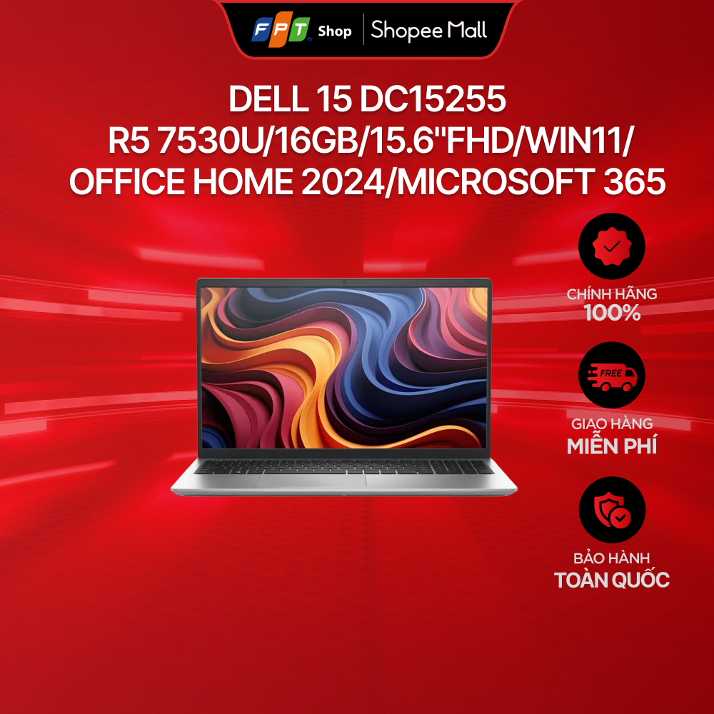 [Chi GH tận nơi] Dell 15 DC15255 R5 7530U/16GB/15.6"FHD/Win11/Office Home 2024/Microsoft 365