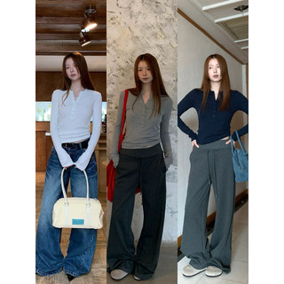  Áo thun nữ dài tay cổ bẻ cài cúc – Áo phông ôm body co giãn áo thun basic nữ Hàn Quốc thời trang thu đông   E_A48   