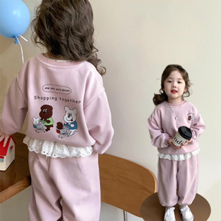 Quần áo thu đông,Sét bộ màu hồng nỉ ép 2 da áo in hình dễ thương quần cạp viền ren cho bé gái