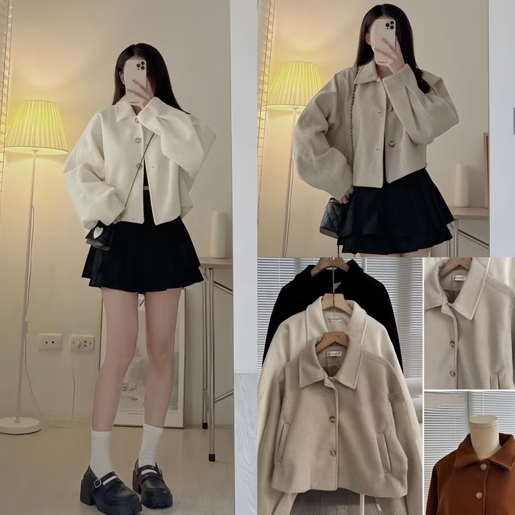 ÁO KHOÁC NỮ, ÁO KHOÁC DẠ ÉP HÀN QUỐC DÁNG CROPTOP TAY PHỒNG HÀNG LOẠI 1 (video/sẵn)