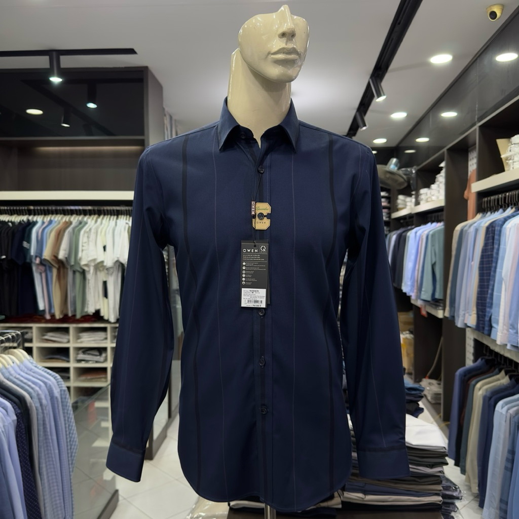 Áo sơ mi nam Owen dài tay màu xanh tím than kẻ sọc slim fit vạt bầu vải sợi tre AS250367D