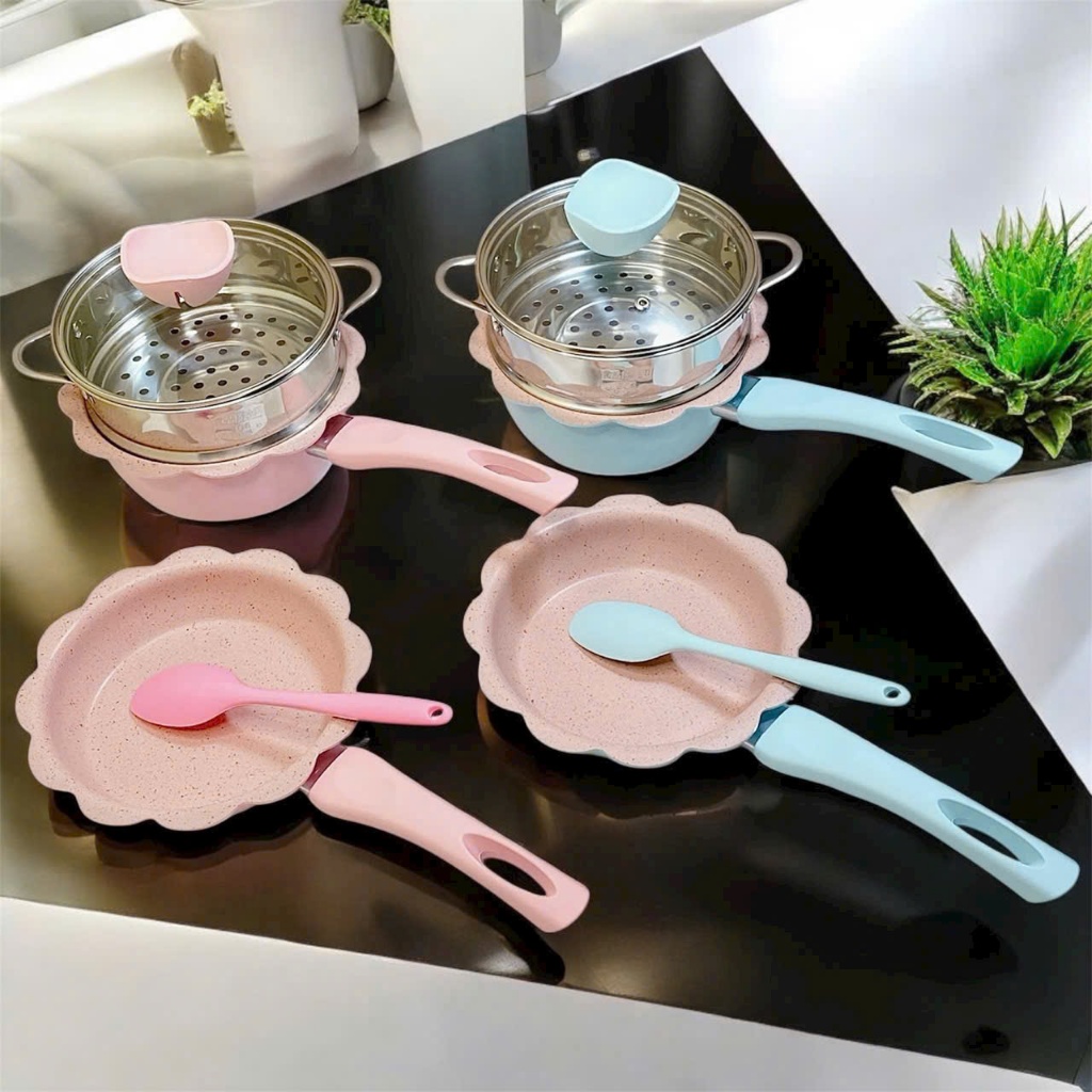 Bộ nồi chảo ăn dặm nấu được bếp gas, bếp từ, bếp điện, tráng men  đá chống dính kèm chảo và xửng hấp inox cho bé