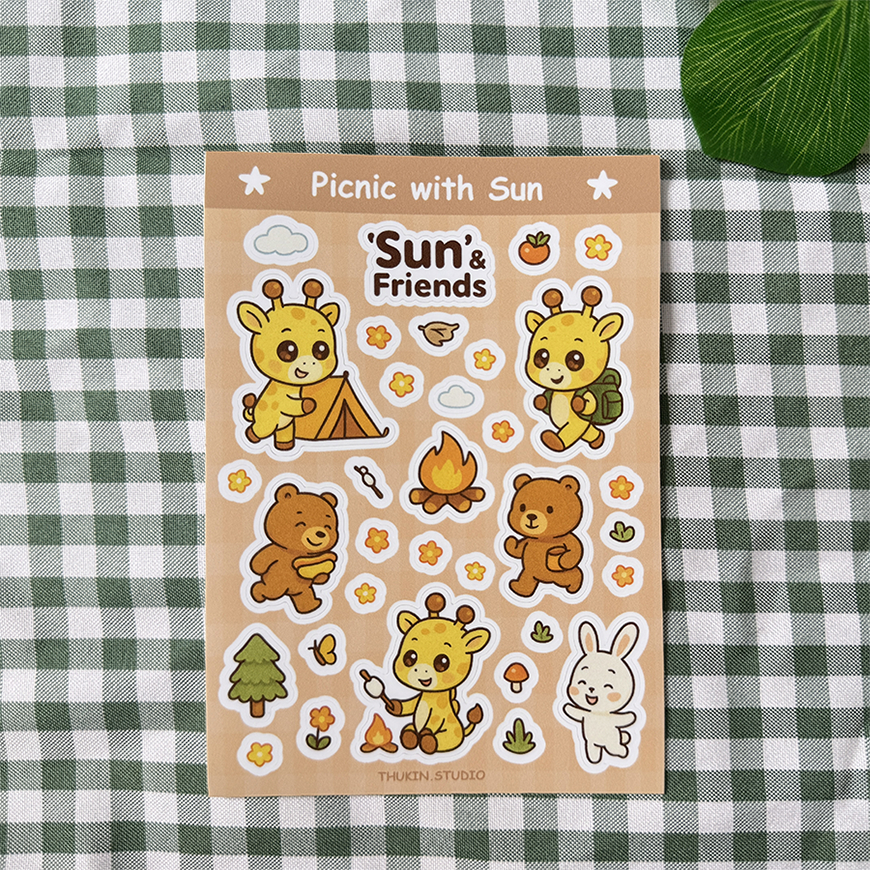 Sticker dễ thương A6- Bộ sticker phong cách kawaii đi cắm trại cùng 2 bạn thân- Sticker chống nước- 