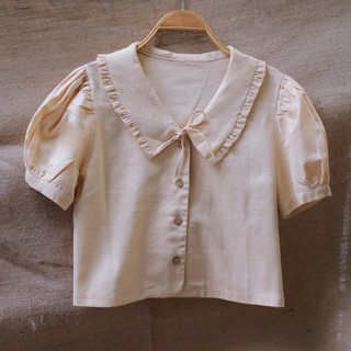 Áo linen vintage cổ bèo cột nơ ( Ảnh thật shop chụp )