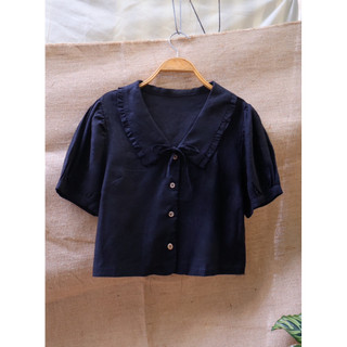 Áo linen vintage cổ bèo cột nơ ( Ảnh thật shop chụp )