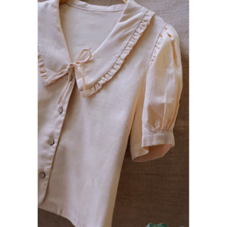 Áo linen vintage cổ bèo cột nơ ( Ảnh thật shop chụp )