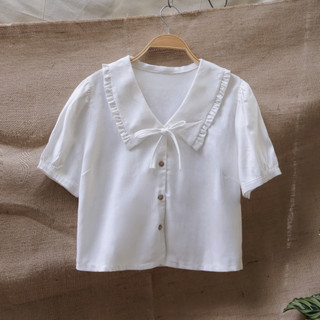 Áo linen vintage cổ bèo cột nơ ( Ảnh thật shop chụp )