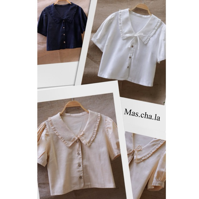 Áo linen vintage cổ bèo cột nơ ( Ảnh thật shop chụp )