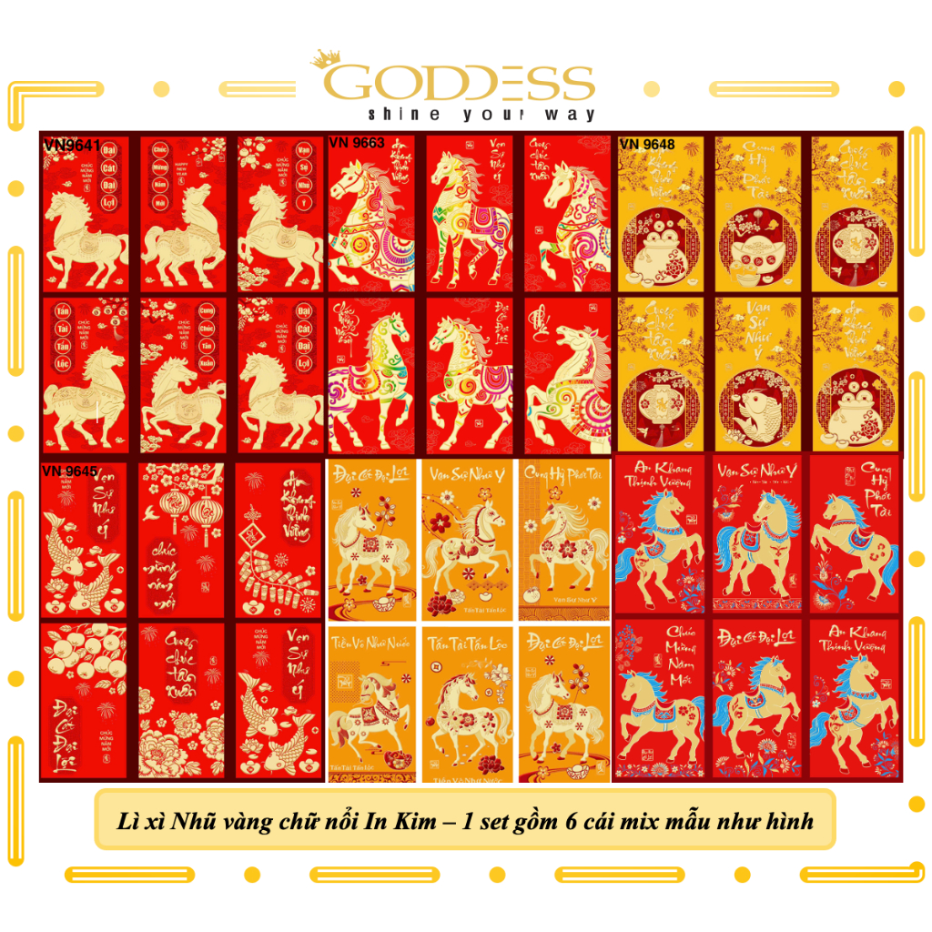 Bao Lì xì Tết Con Ngựa Bính Ngọ 2026 - Set 6 Bao Lixi Tết độc Lạ màu Đỏ-Vàng in kim chữ nổi 3D truyền thống giá sỉ