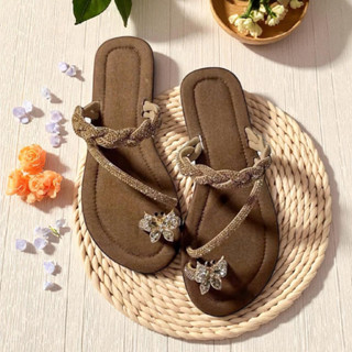 Dép nữ xỏ ngón đính đá charme đế xẹp thời trang