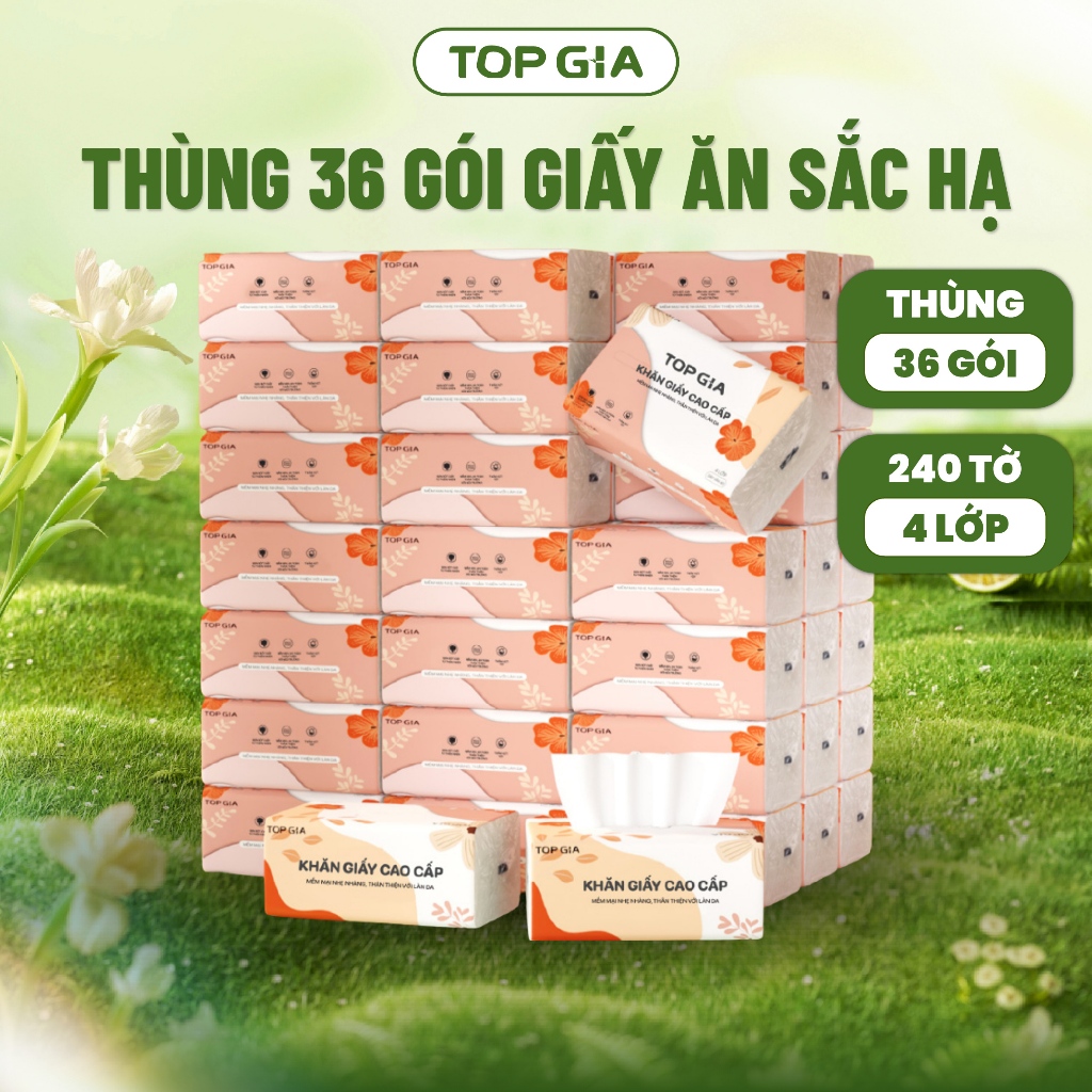 Giấy Ăn Rút Top Gia Thùng 36 Gói Sắc Hạ 240 Tờ 4 Lớp, Bột Giấy Từ Thiên Nhiên An Toàn Cho Sức Khỏe