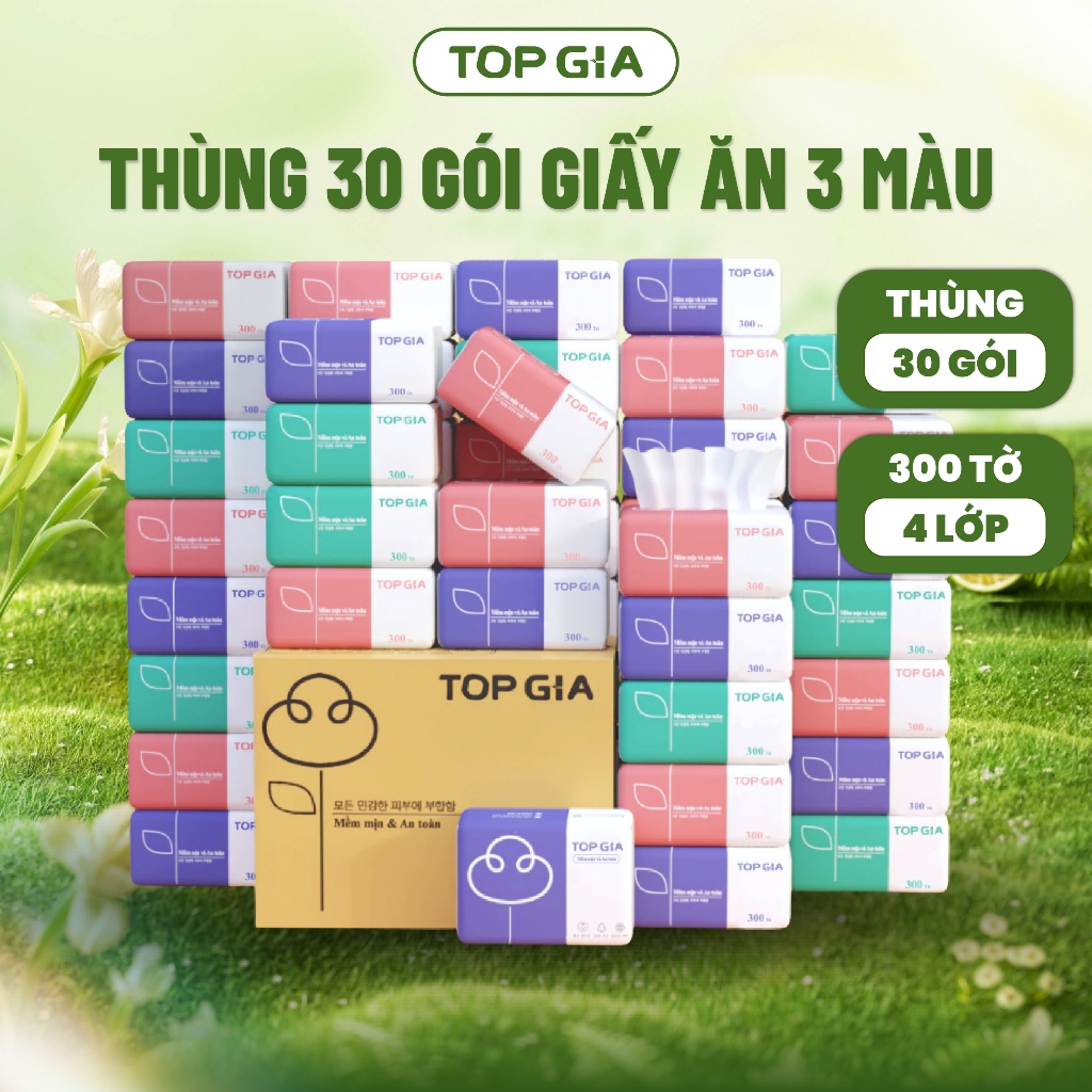 Giấy Ăn Rút Top Gia Thùng 30 Gói 3 Màu 300 Tờ 4 Lớp, Bột Giấy Từ Thiên Nhiên An Toàn Cho Sức Khỏe