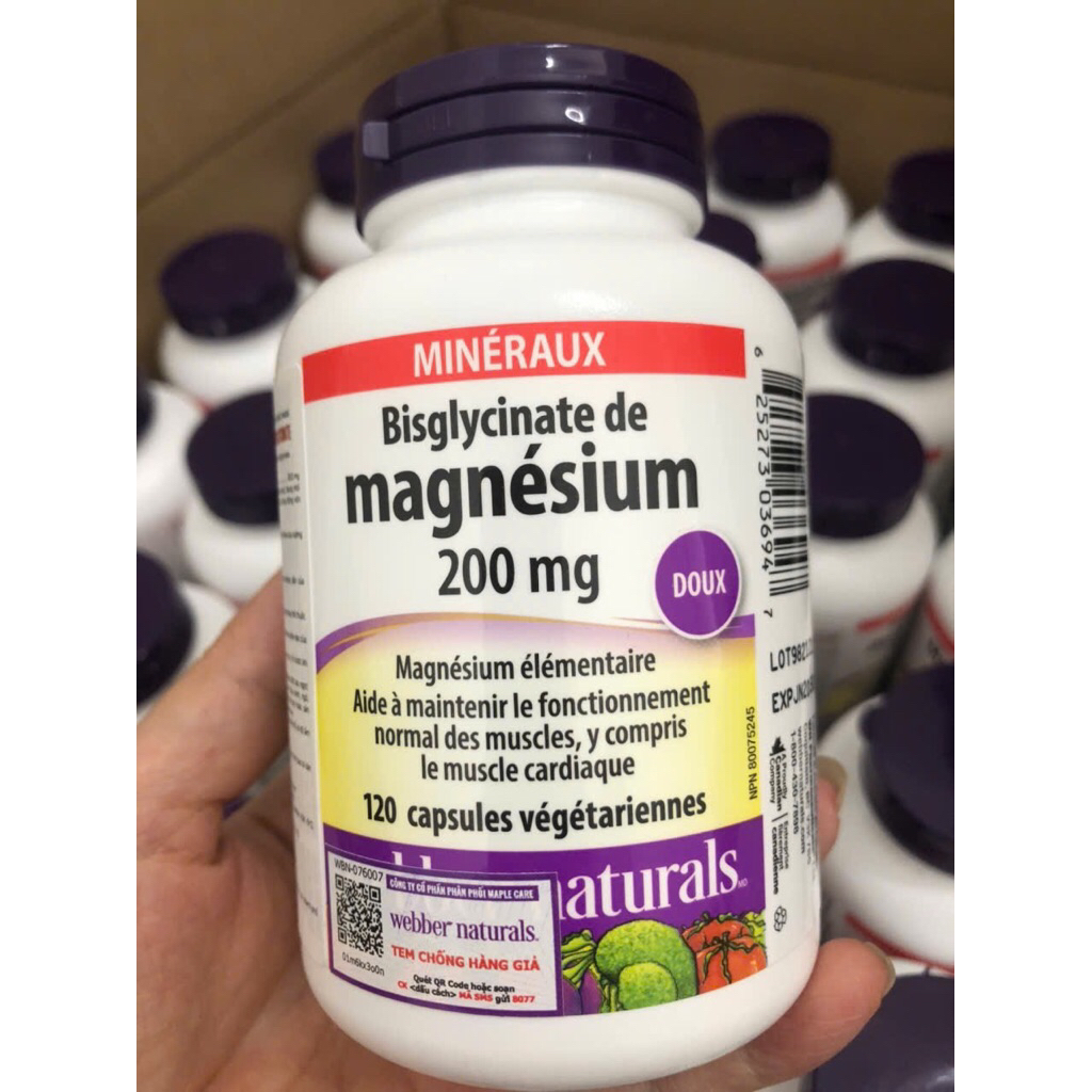 Viên uống Magie Magnesium Bisglycinate 200mg hàng chính hãng Webber Naturals