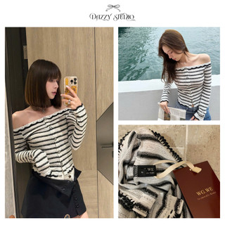   Dazzy x WGWE  Sẵn  Áo Hở Vai Nữ Tay Dài Sọc Ngang WGWE – Dáng Ôm Nhẹ Tôn Dáng Thiết Kế Trẻ Trung Cá Tính 