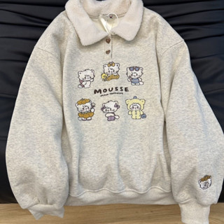 Oni.Shop_ Áo Sweater Cổ Bẻ Lông Màu Xám Lót Nhung Cáo Ấm Áp Mùa Đông  Hoạ Tiết Mèo Xinh Yêu
