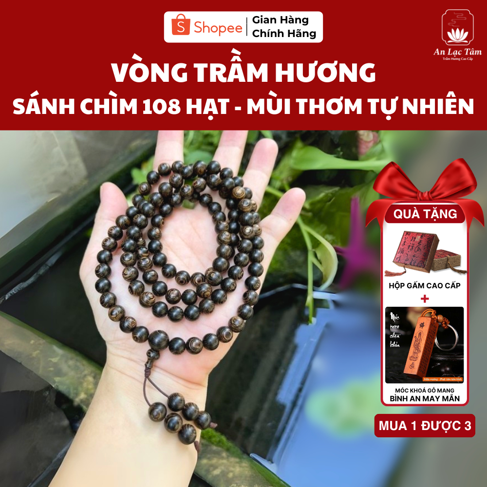 Vòng Trầm Hương Sánh Chìm 108 Hạt Mùi Thơm Tự Nhiên - Mang Bình An May Mắn  - Trầm Hương An Lạc Tâm