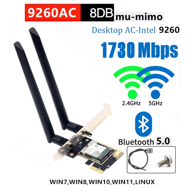 Bộ Card Wifi 5 Intel AC 9260 5GHz tích hợp Bluetooth 5 bo lùn & cao cho PC,Tiny,SFF,MiniPC,Laptop