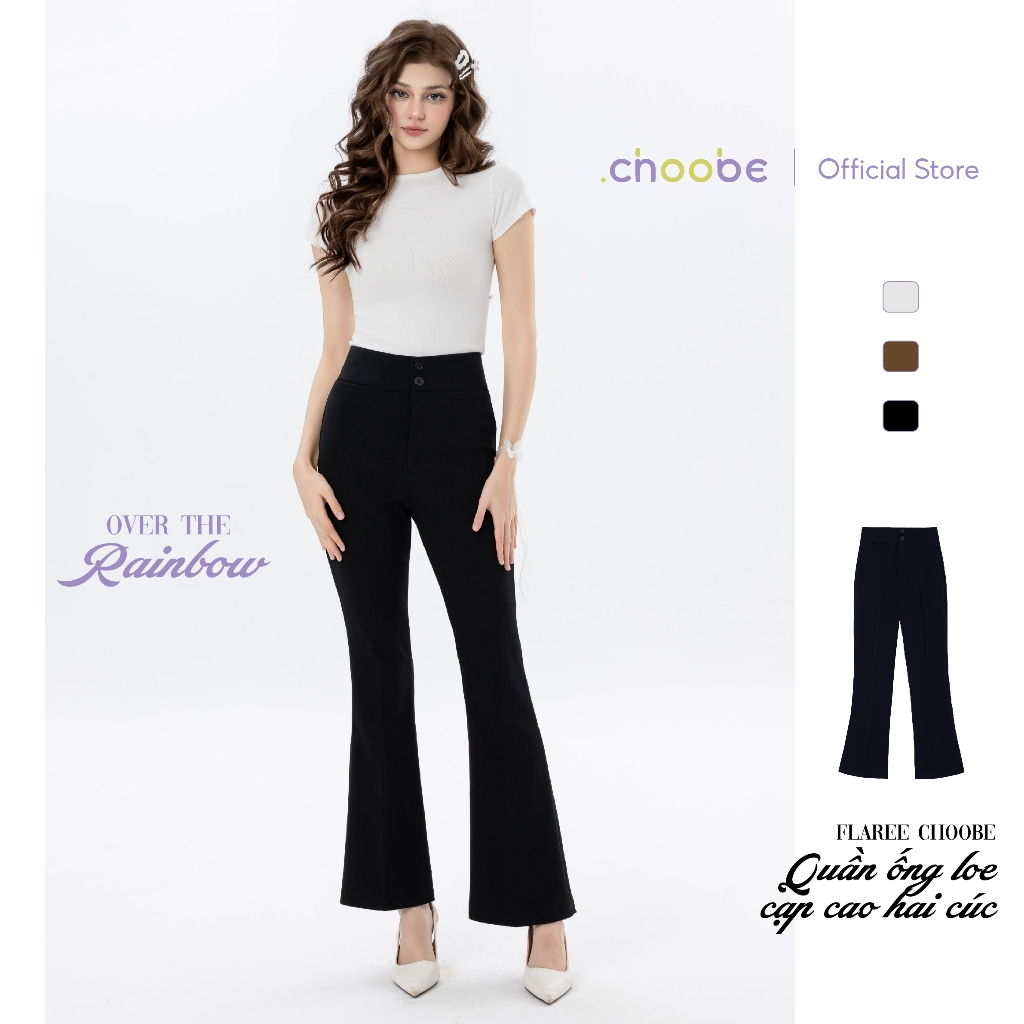 Quần ống loe Choobe lưng cạp cao 2 cúc baggy vải nữ dài suông loe culottes màu đen nâu ghi sữa