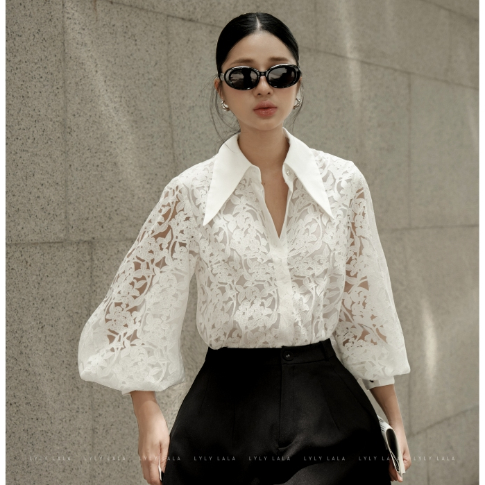 Áo sơ mi nữ tay dài Calla Shirt thiết kế ren kiểu cổ nhọn thanh lịch by LYLY LALA | BigBuy360 - bigbuy360.vn
