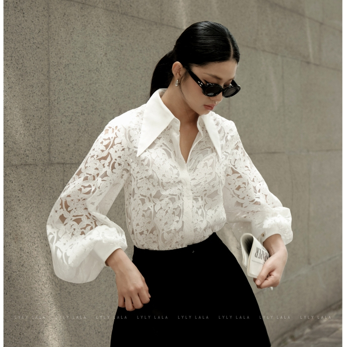 Áo sơ mi nữ tay dài Calla Shirt thiết kế ren kiểu cổ nhọn thanh lịch by LYLY LALA | BigBuy360 - bigbuy360.vn