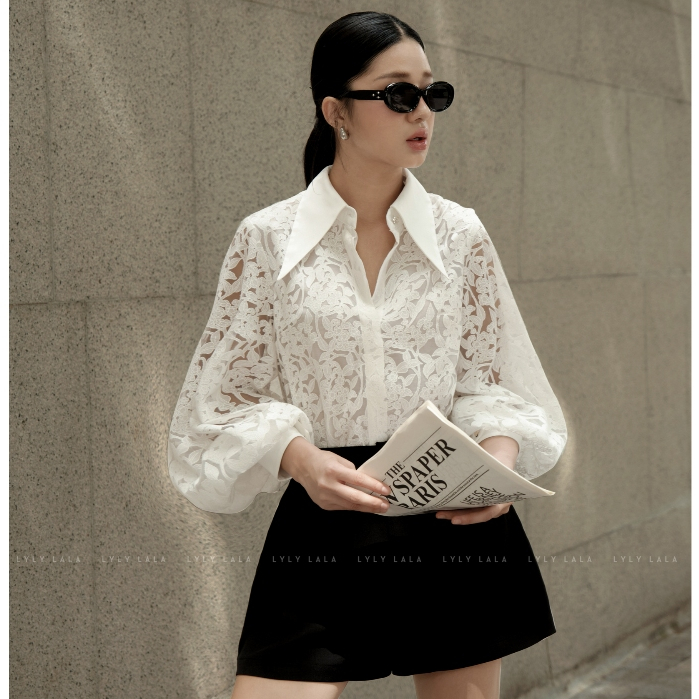 Áo sơ mi nữ tay dài Calla Shirt thiết kế ren kiểu cổ nhọn thanh lịch by LYLY LALA | BigBuy360 - bigbuy360.vn