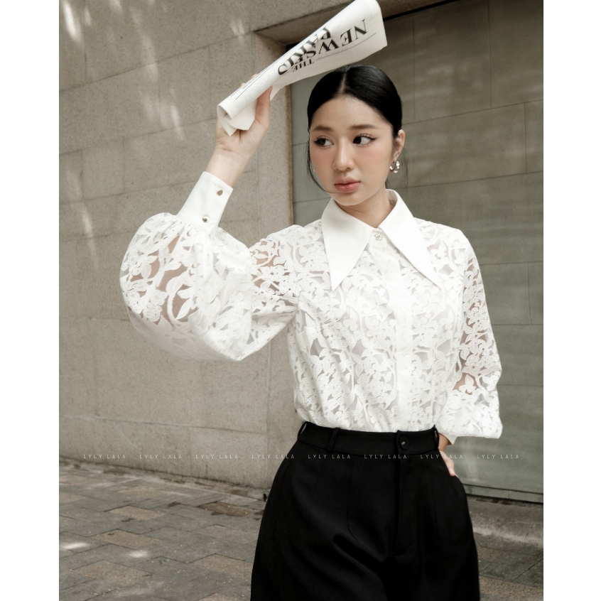 Áo sơ mi nữ tay dài Calla Shirt thiết kế ren kiểu cổ nhọn thanh lịch by LYLY LALA | BigBuy360 - bigbuy360.vn