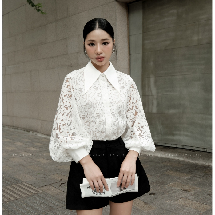 Áo sơ mi nữ tay dài Calla Shirt thiết kế ren kiểu cổ nhọn thanh lịch by LYLY LALA | BigBuy360 - bigbuy360.vn