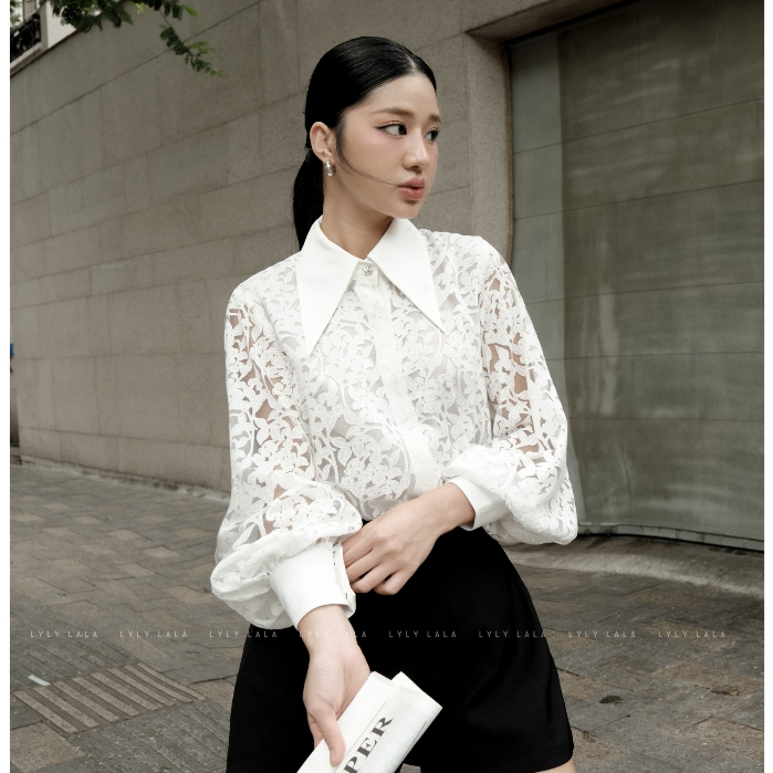 Áo sơ mi nữ tay dài Calla Shirt thiết kế ren kiểu cổ nhọn thanh lịch by LYLY LALA | BigBuy360 - bigbuy360.vn