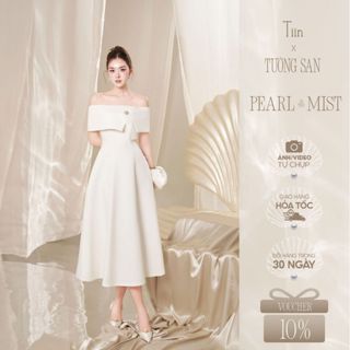  TIINSTORE x TƯỜNG SAN Váy đầm nữ trễ vai đính đá dáng dài xoè dự tiệc sang chảnh VHN.2507.240 