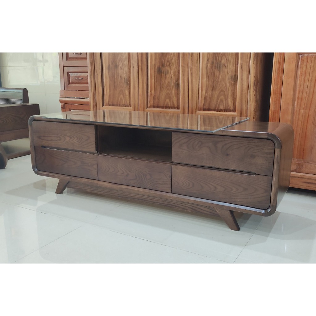 Kệ tivi phòng khách gỗ thịt sồi Nga bo tròn góc nhọn nhập khẩu đã lắp ráp hoàn chỉnh