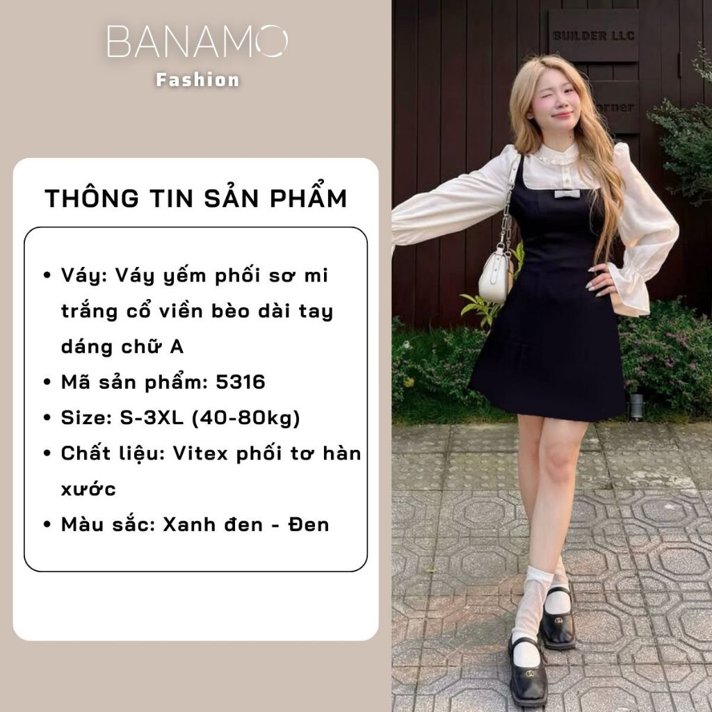 Đầm nữ BIGSIZE Banamo Fashion váy yếm phối sơ mi trắng viền bèo dài tay dáng chữ A thanh lịch 5316 | BigBuy360 - bigbuy360.vn