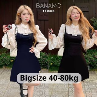 Đầm nữ BIGSIZE Banamo Fashion váy yếm phối sơ mi trắng viền bèo dài tay dáng chữ A thanh lịch 5316
