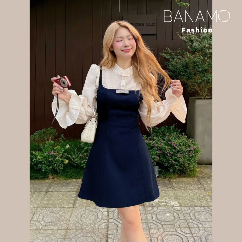 Đầm nữ BIGSIZE Banamo Fashion váy yếm phối sơ mi trắng viền bèo dài tay dáng chữ A thanh lịch 5316 | BigBuy360 - bigbuy360.vn