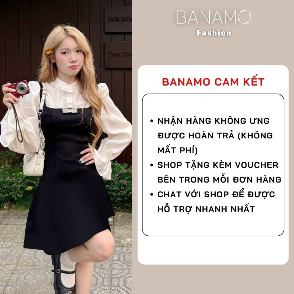 Đầm nữ BIGSIZE Banamo Fashion váy yếm phối sơ mi trắng viền bèo dài tay dáng chữ A thanh lịch 5316 | BigBuy360 - bigbuy360.vn