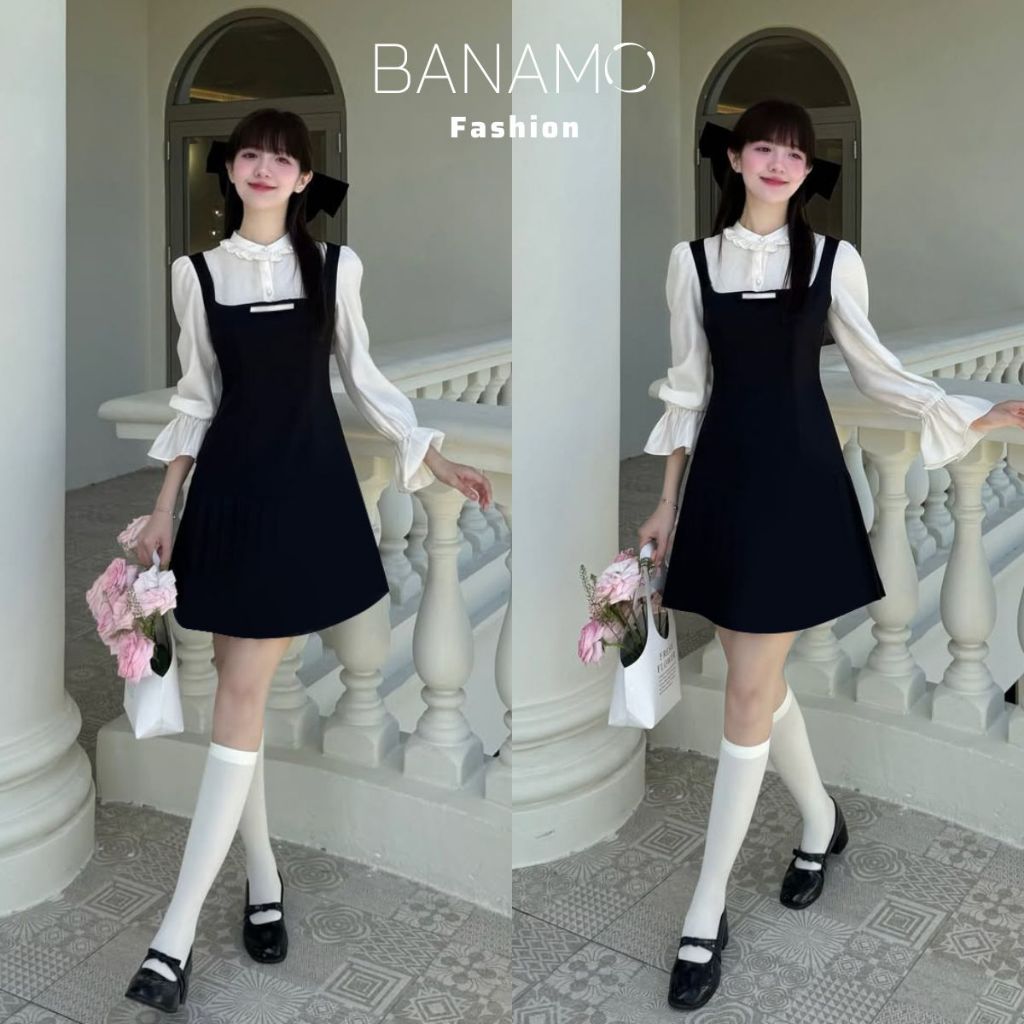 Đầm nữ BIGSIZE Banamo Fashion váy yếm phối sơ mi trắng viền bèo dài tay dáng chữ A thanh lịch 5316 | BigBuy360 - bigbuy360.vn