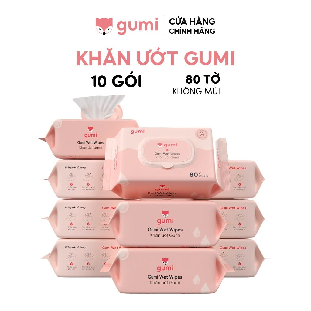 10 gói khăn uớt 80 tờ Gumi không cồn không parabens cao cấp dành cho em bé