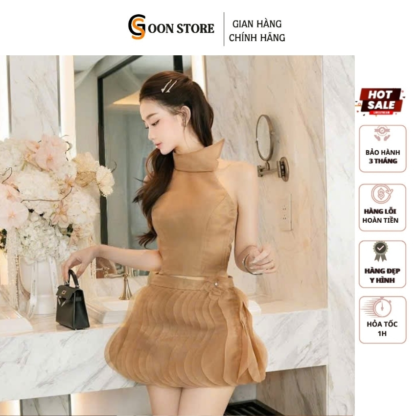 Set áo cổ yếm tơ voan mix chân váy xếp ly đính hoa sang chảnh Goon Store
