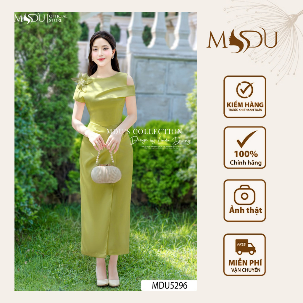 Váy Thiết Kế MDU5296 Lụa Twist Satin Xanh Cốm Dáng Dài, Tạo Nên Vẻ Trẻ Trung Và Cuốn Hút Từ MDU
