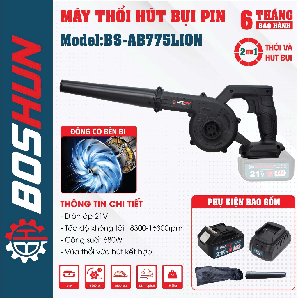 Máy Thổi Hút Bụi Pin BOSHUN , Động Cơ Đồng, 2 Chức năng, 680W, Tốc độ 16300 vòng / phút