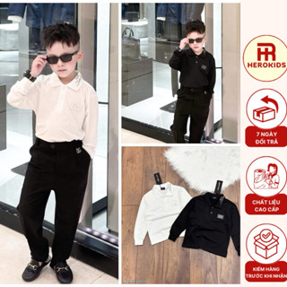Áo polo dài tay bé trai cổ bẻ vải cotton gai thân trơn cổ thêu logo mix tag ngực dolce lever phong cách boy phố 2103